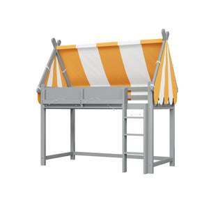 English Elm Full Size Solid Wood Loft Bed with Canopy Led Lighting and Integrated Bookshelf Gray N7090002242E