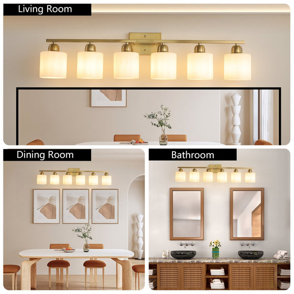 English Elm 6 Light Coppery Vanity Fixture 38" Brushed Gold Metal 6-Bulb Bath Sconce with Milky Shades, Dimmable W2312P374858