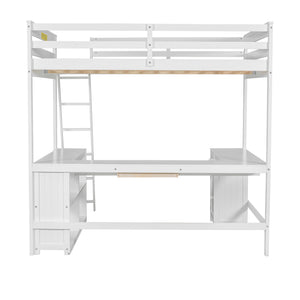 English Elm Full Loft Bed with U-Shaped Workstation, Built-In Drawers, Shelves & Cabinet for Space Saving White GX001039AAK