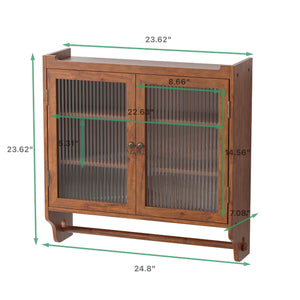 English Elm 24.8"Glass Vintage Double Door Wall Cabinet Brown with 3-Tier Solid Wood Shelves, Glass Panels & Towel Rack W757P170144