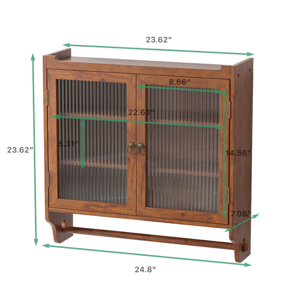 English Elm 24.8"Glass Vintage Double Door Wall Cabinet Brown with 3-Tier Solid Wood Shelves, Glass Panels & Towel Rack W757P170144