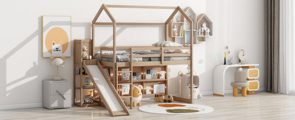 English Elm Twin House Loft Bed with Slide, Storage Shelves and Built-In Light — Playhouse Design, Sturdy 400lb Capacity Wood GX000355AAD