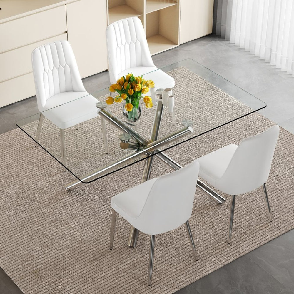 English Elm Table Set - Modern Luxurious Transparent Glass Dining Table With 4 White Pu Chairs & Silver Legs W1151S04192-GIGA