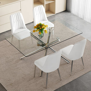 English Elm Table Set - Modern Luxurious Transparent Glass Dining Table With 4 White Pu Chairs & Silver Legs W1151S04192-GIGA