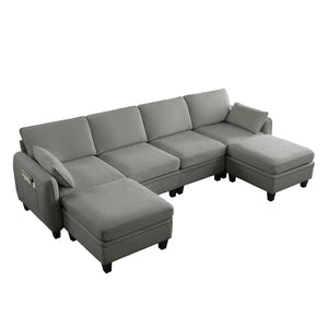 English Elm 102 Inch Linen Modular Sectional Sofa with Hidden Storage and Cloud Cushion Comfort Dark Grey W1099S00216