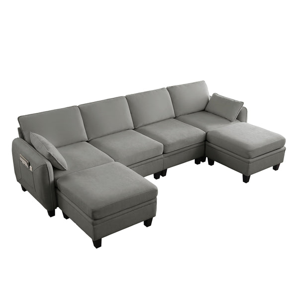 English Elm 102 Inch Linen Modular Sectional Sofa with Hidden Storage and Cloud Cushion Comfort Dark Grey W1099S00216