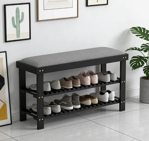 English Elm Entryway Bamboo Shoe Storage Bench with Padded Seat and Two Tier Slatted Shelf T3971P430917