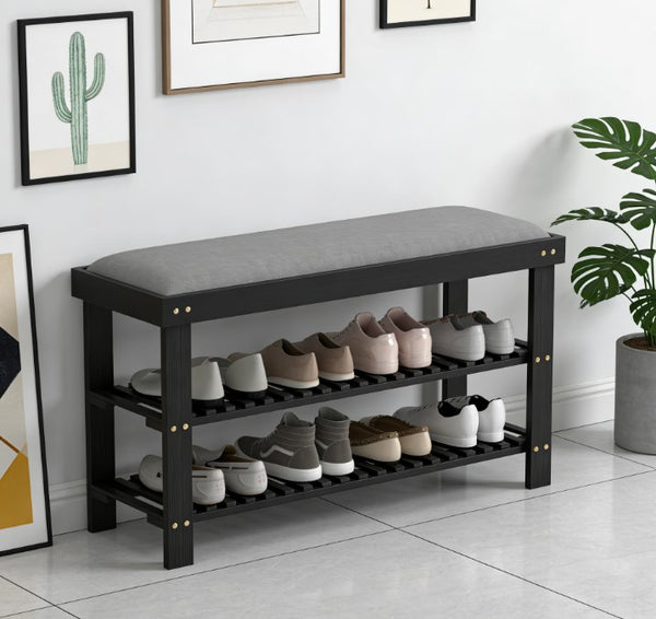 English Elm Entryway Bamboo Shoe Storage Bench with Padded Seat and Two Tier Slatted Shelf T3971P430917