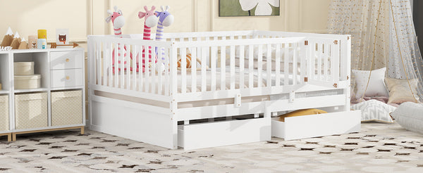 English Elm Full Size Pinewood Kids Daybed with Fence Rails Split Floor Bed and Storage Drawers White LP100882AAK