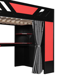 English Elm Full Size Loft Bed with Desk Blackout Curtains Rgb Lighting and Integrated Storage Black+Red LT000377AAJ