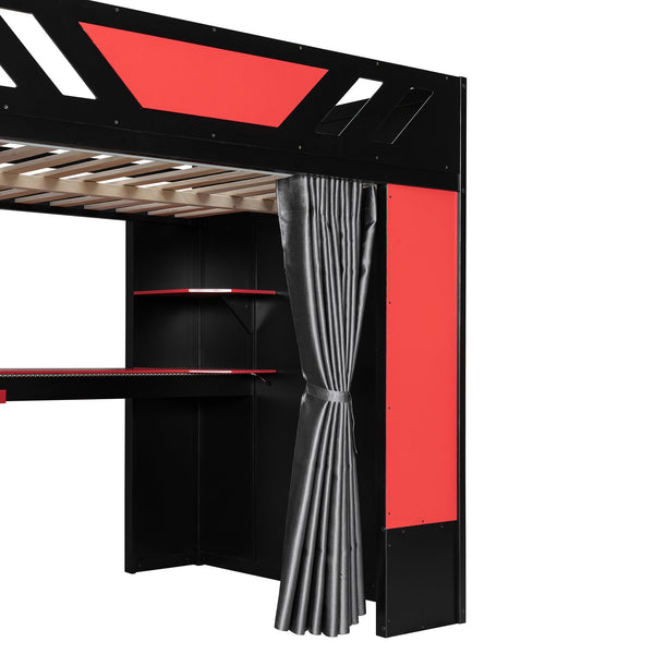 English Elm Full Size Loft Bed with Desk Blackout Curtains Rgb Lighting and Integrated Storage Black+Red LT000377AAJ