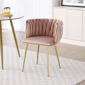 English Elm Modern Velvet Upholstered Dining Chairs Woven Back Gold Legs Set of Two W1117P440621