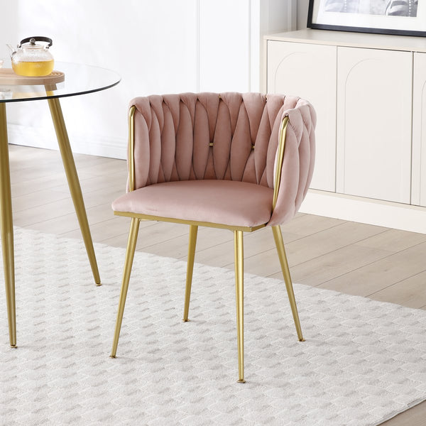 English Elm Modern Velvet Upholstered Dining Chairs Woven Back Gold Legs Set of Two W1117P440621