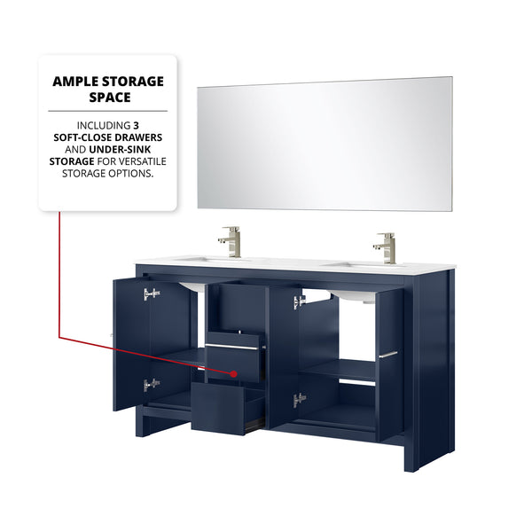 English Elm Navy Blue Double Bath Vanity 60" W With White Quartz Top, Brushed Nickel Faucet & 55" Mirror Set B2731S01722