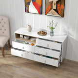 Hearth and Haven Hike Dresser with Open Storage, 5 Drawers and Leather Handles, White W1781P148614