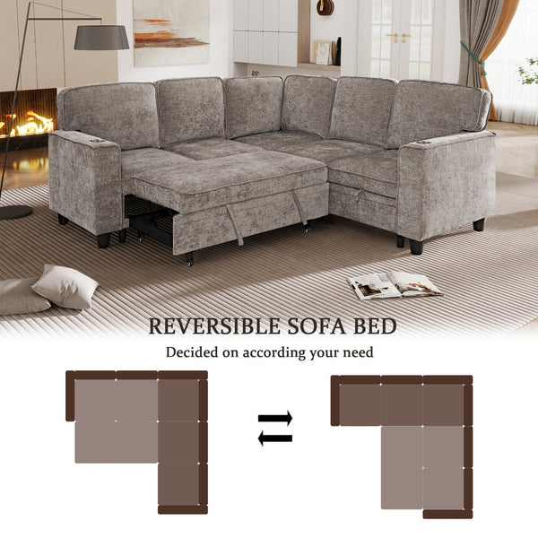English Elm L-Shaped Sofa with Pull-Out Bed and Storage, 5-Seat Sectional with USB, Cup Holders, Cozy Chenille Light Brown W1998S00062