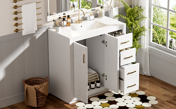 English Elm 36'' Bathroom Vanity with Ceramic Sink Combo Solid Wood Frame Soft-Closing Drawers Ample Storage Elegance White N710P243327K