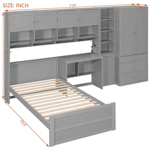 English Elm Wooden Twin Loft Bed with Built-in Desk Wardrobe Storage Drawers and Led Lighting N820S00069E