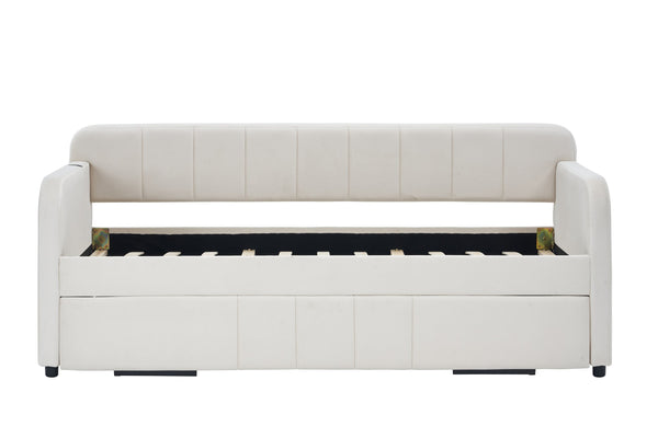 English Elm Twin Upholstered Daybed with Trundle Sofa Bed for Guest Room, Pine Wood Frame, Velvet Upholstery, Sturdy Slat Support and Full-Length Comfort Beige W1361S00020