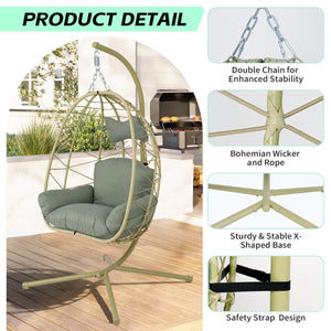 English Elm Hanging Egg Chair Wicker Swing with Stand Cushion Patio Balcony Ergonomic Cradle T5880P497574