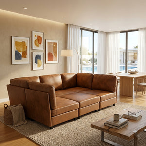 English Elm Modern Foil Fabric Modular Sectional Sofa Reconfigurable Living Room Seating Light Brown W5568S00051