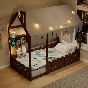 English Elm {slats Are Not Included} Twin Montessori House Floor Bed Kids Tent Lights Shelves Pinewood Frame Espresso N708P407962P