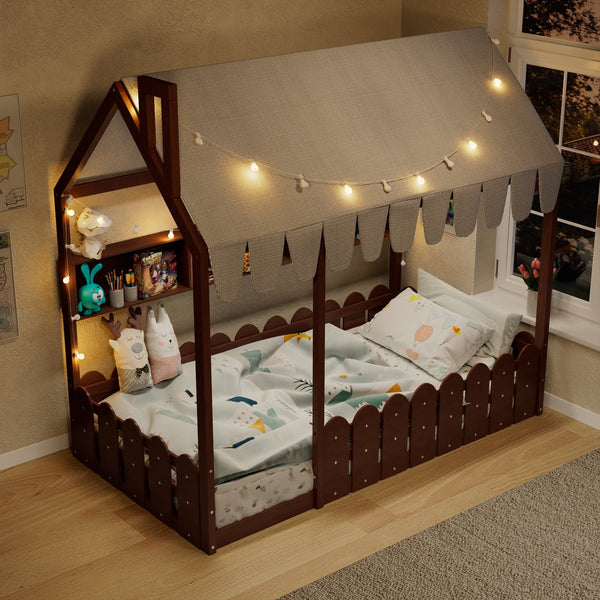 English Elm {slats Are Not Included} Twin Montessori House Floor Bed Kids Tent Lights Shelves Pinewood Frame Espresso N708P407962P