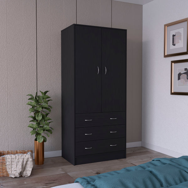 English Elm Armoire Melfa 71" H with 2 doors, 3 drawers and hanging rod for organized, elegant bedroom storage Black 35 L x 24 W x 6 H B097S00121