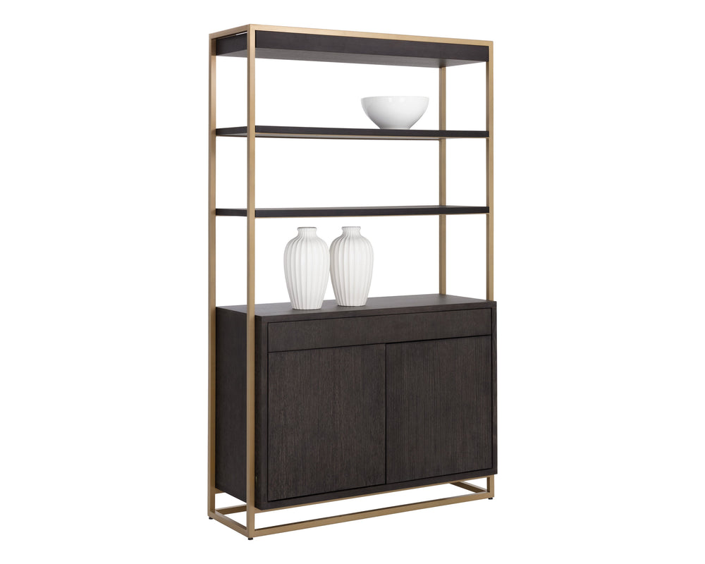 Sunpan Baldessara Bookcase - Rustic Bronze Steel Frame with Grey Oak Veneer Shelves, Anti-Tipping Kit Included