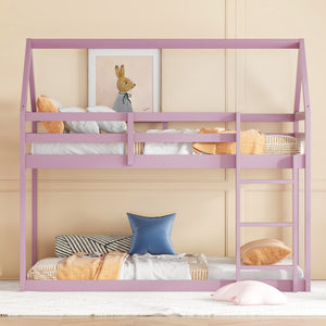 English Elm Twin Rubber Wood Floor Bunk Bed House-Shaped Design with Ladder Guardrails Sturdy Low-Profile Retreat Pink W504P206867