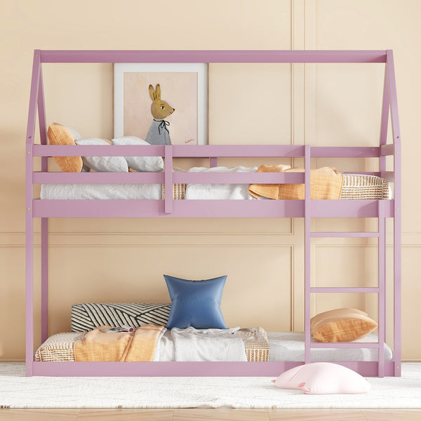 English Elm Twin Rubber Wood Floor Bunk Bed House-Shaped Design with Ladder Guardrails Sturdy Low-Profile Retreat Pink W504P206867