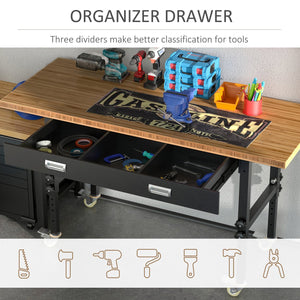 English Elm HOMCOM 59" Work Bench with Bamboo Top, Height Adjustable 10-Setting Mobile Workstation 1320lb W2225P217940