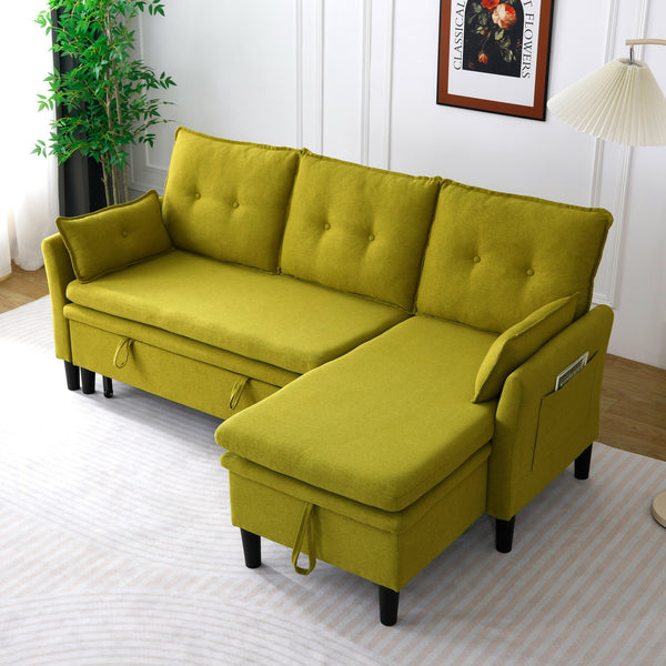 English Elm L-Shaped Reversible Chaise Sectional Sofa with Storage and Fold-Out Bed Cotton-Linen Modern Design Green W3371S00026