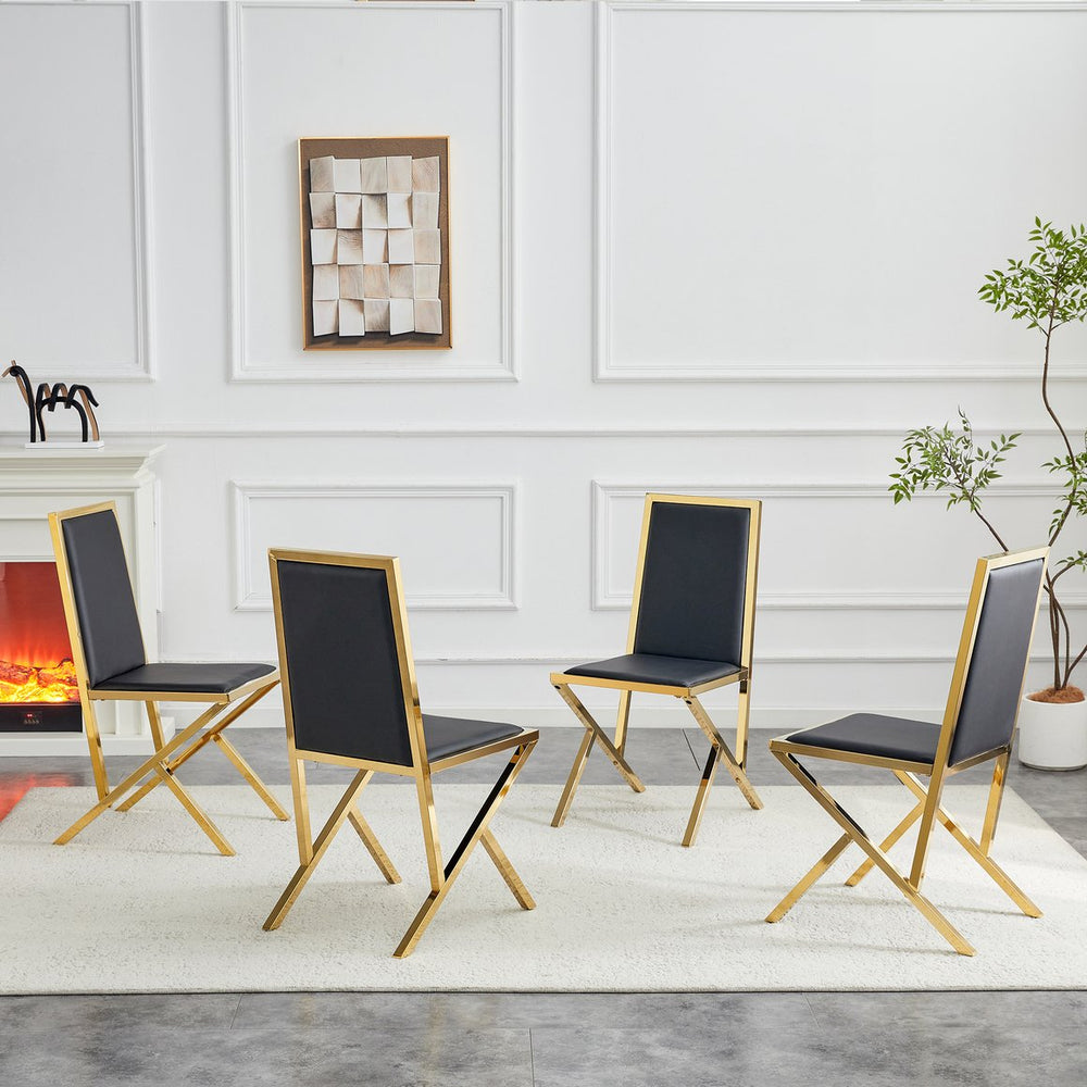 English Elm 2-pack Black Pu Leather Dining Chairs with Angled Silver Metal Legs Modern Set Black+Gold W1151P301824