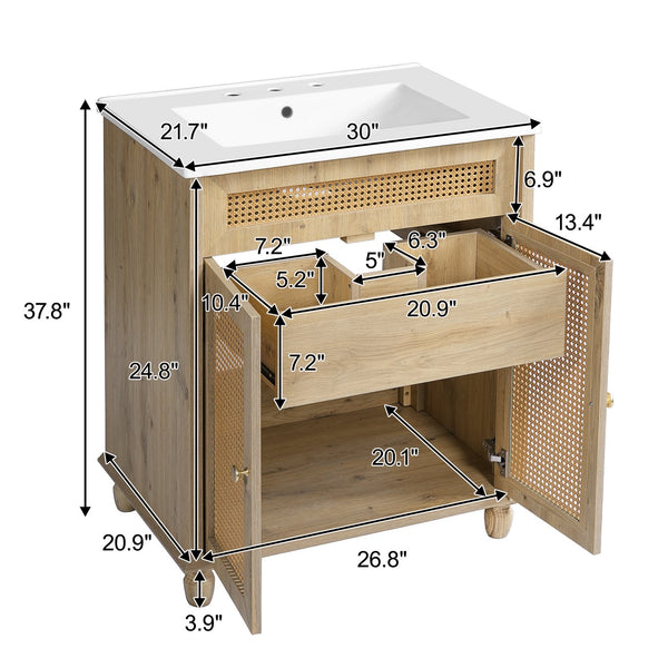 English Elm Christopher Knight Home® - 30-Inch Walnut Vanity with Seashell Resin Sink, Flip-Up Organizer, Soft-Close Doors & Legs Natural Wood N765P33418384B