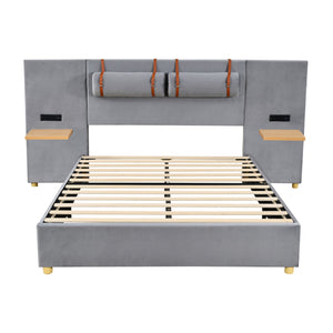 English Elm Queen Upholstered Platform Bed with Velvet Headboard, Dual USB Outlets, Pillows & Storage Shelves WF324746AAE
