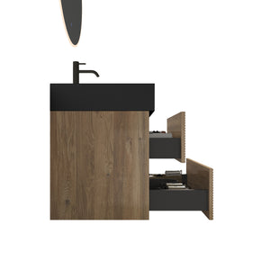English Elm 24' Mid-Century Wall-Mounted Vanity with Engineered Quartz Basin, Hidden Handle, Extra Storage, Soft-Close Drawers Oak W1865S00164