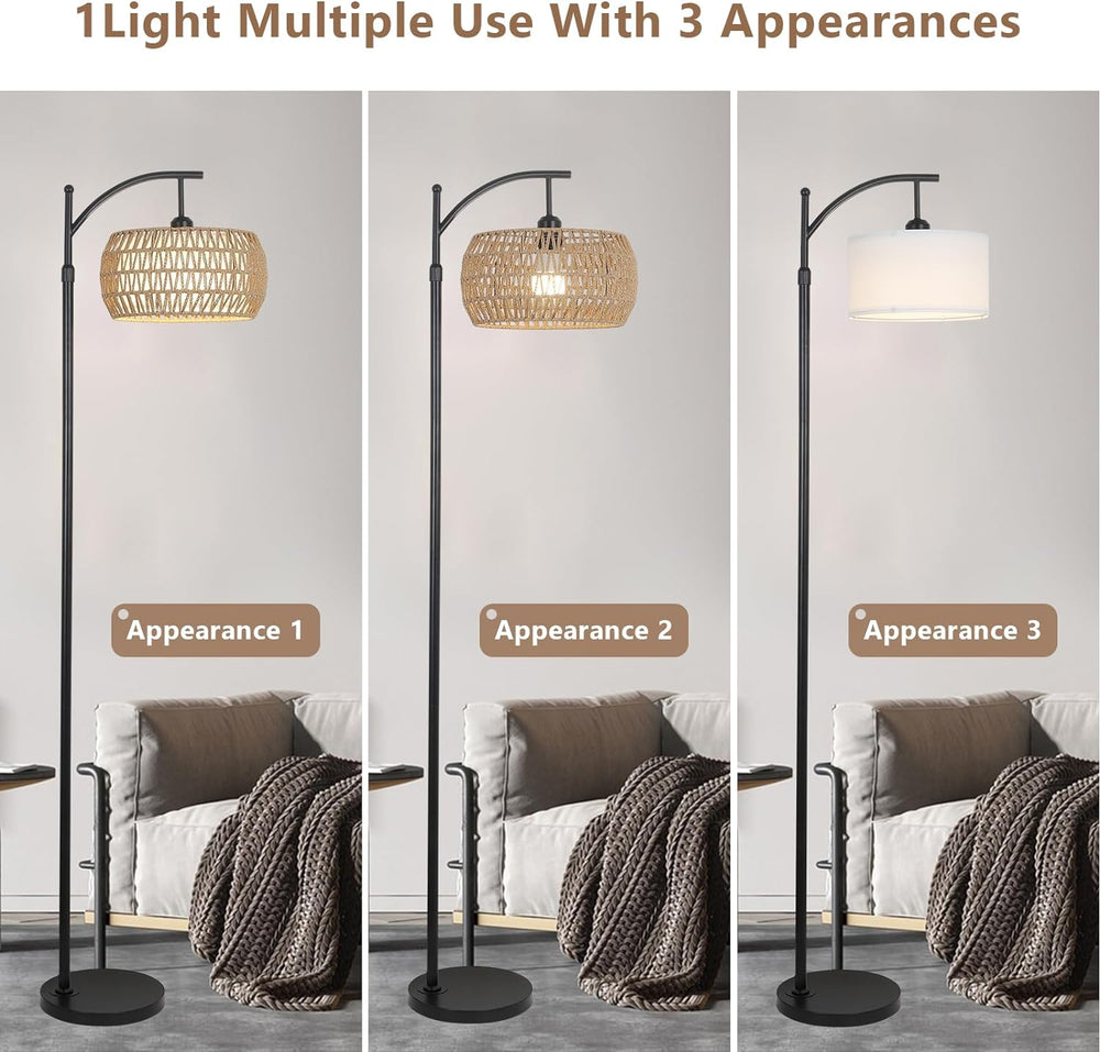 English Elm Arc Floor Lamp With Remote Control – Dimmable Led, Adjustable Height & Stylish Rattan Shade For Home W2738P185401
