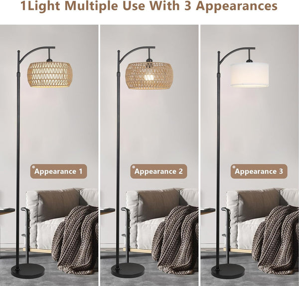 English Elm Arc Floor Lamp With Remote Control – Dimmable Led, Adjustable Height & Stylish Rattan Shade For Home W2738P185401