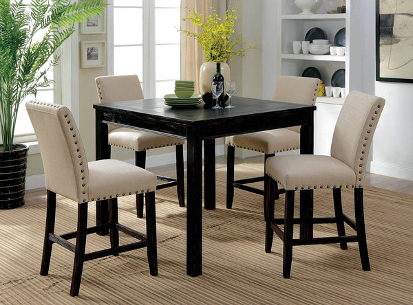 English Elm Rustic 5-Pc Counter Height Dining Set with Square Wood Table, Fabric Cushioned Chairs, Distressed Charm B2741P384492