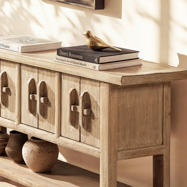English Elm Rowan Reclaimed Pine Sideboard with Hand-carved Pulls and Open Display Shelf B2719P474454