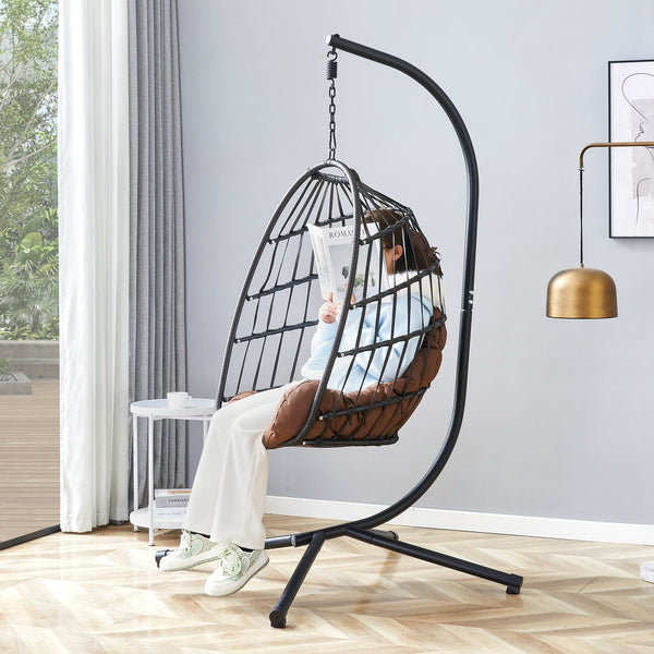 English Elm Grheavy-duty Iron Egg Chair Pe Rattan Woven Swing Seat for Patio or Living Room W2920P281902