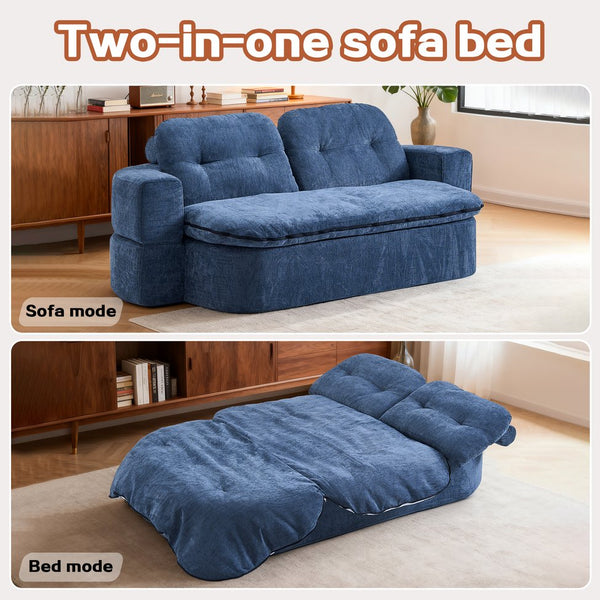 English Elm Modern Curved Floor Sofa Bed with 2 Pillows, No Assembly, High-Density Foam, Foldable Quilt Storage Dark Blue W3565P371223