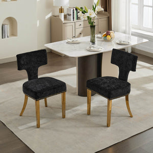 English Elm Mid Mid Century Modern Dining Chair Set with Curved Copper-Nail Backrest, High-Density Foam Seat, Brushed Stainless Legs Black W1143P314903