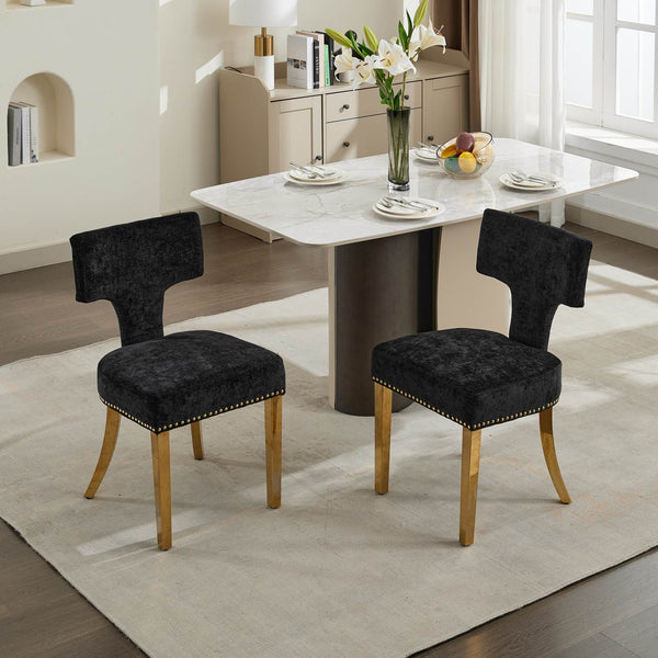 English Elm Mid Century Modern Dining Chairs with Copper Nail Trim, Plush High-Density Foam Seats, Brushed Steel Legs Black W1143P314903