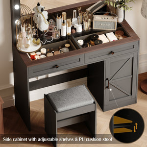 English Elm 43.4"Makeup Vanity Table with Large LED Mirror, Adjustable Brightness, 3 Drawers & Stool for Organized Glam Routine Black W2386P199525