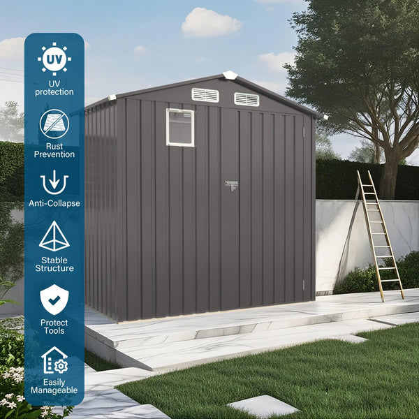 English Elm 6x Galvanized Steel Outdoor Storage Shed with Peaked Roof Skylight and Lockable Door W3213P309350