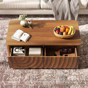 English Elm 47'' Spiral Grain Coffee Table Two Drawer Storage Mid Century Farmhouse Living Room Walnut Brown W2263P412386
