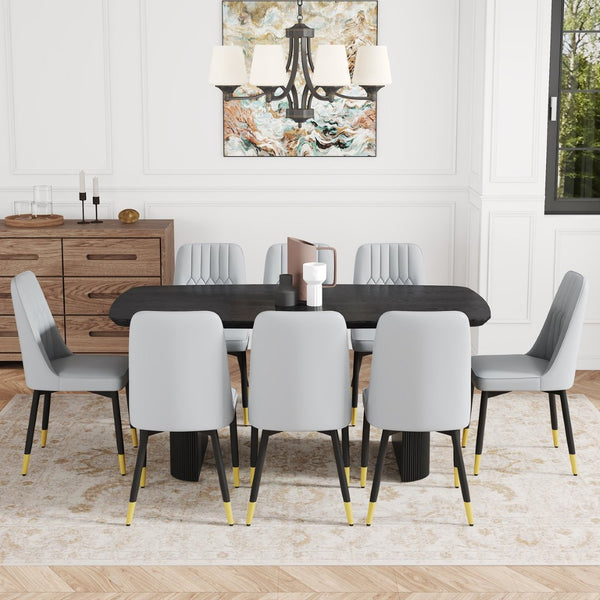 English Elm Table And Chair Set - 67" Black Wood Grain Mdf Dining Table With 8 Light Gray Pu Cushioned Chairs W1151S04173-GIGA