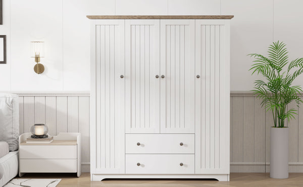 English Elm 4 Door Wardrobe Armoire Closet with 2 Drawers Rustic Pine & MDF Storage Cabinet with Shelves and Hanging Space White N7090001842K